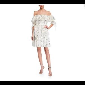 LOVE, THEIA
Foil Printed Chiffon Off-The-Shoulder Ruffle Dress